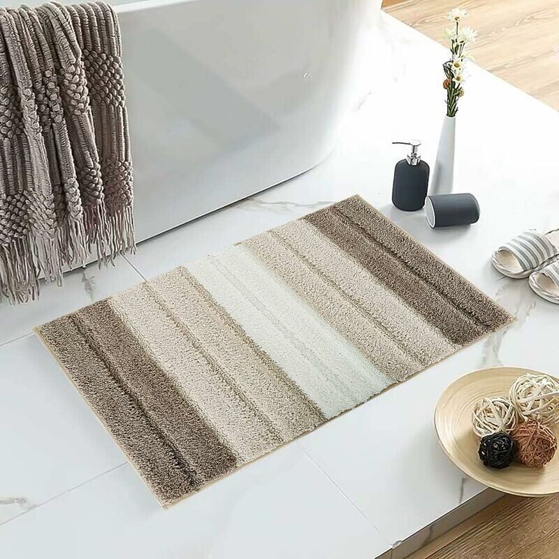 foto del prodotto tappetino da bagno in microfibra morbido e antiscivolo elegante tappetino da bagno a righe per il bagno 45 x 65 cm, beige e marrone 