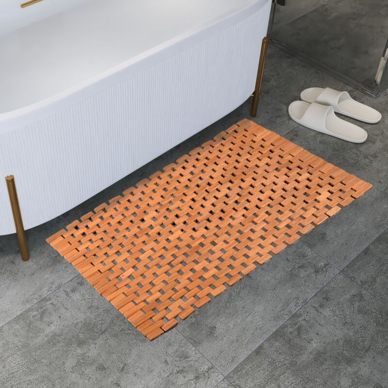 foto del prodotto tappetino da bagno in teak, tappetino da doccia in legno, tappetino per vasca da bagno, piedini in gomma antiscivolo, arrotolabile, per interni,