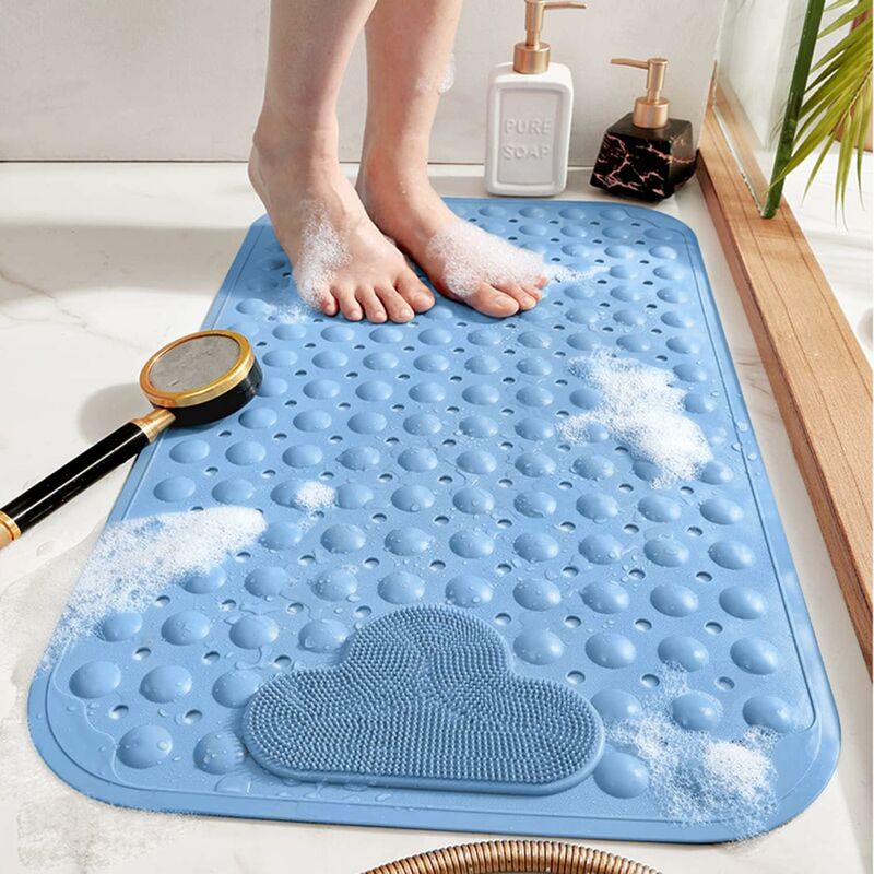 foto del prodotto tappetino da doccia antiscivolo con ventose e fori di drenaggio, tappetino da doccia con cuscino massaggiante, tappetino da bagno grande per doccia da bagno 70x40 (blu)