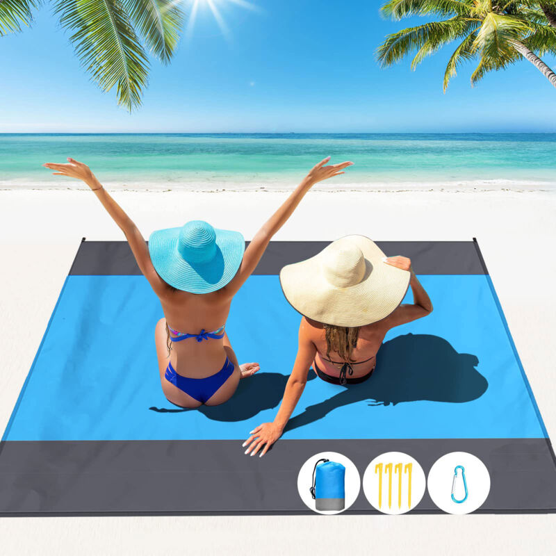 foto del prodotto tappetino da spiaggia 210 x 200 cm anti sabbia, grande coperta da spiaggia impermeabile e compatta per spiaggia, campeggio, picnic, viaggi blu 