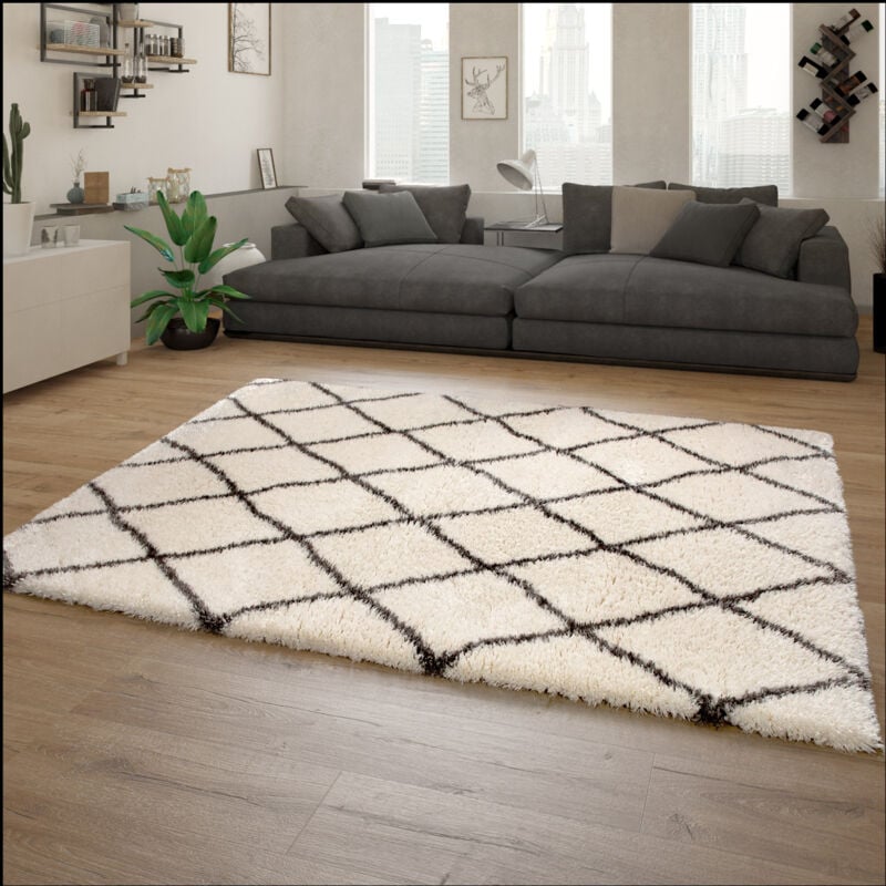 foto del prodotto tappeto a pelo alto morbido moderno shaggy in stile flokati motivo a rombi crema 160x230 cm paco home