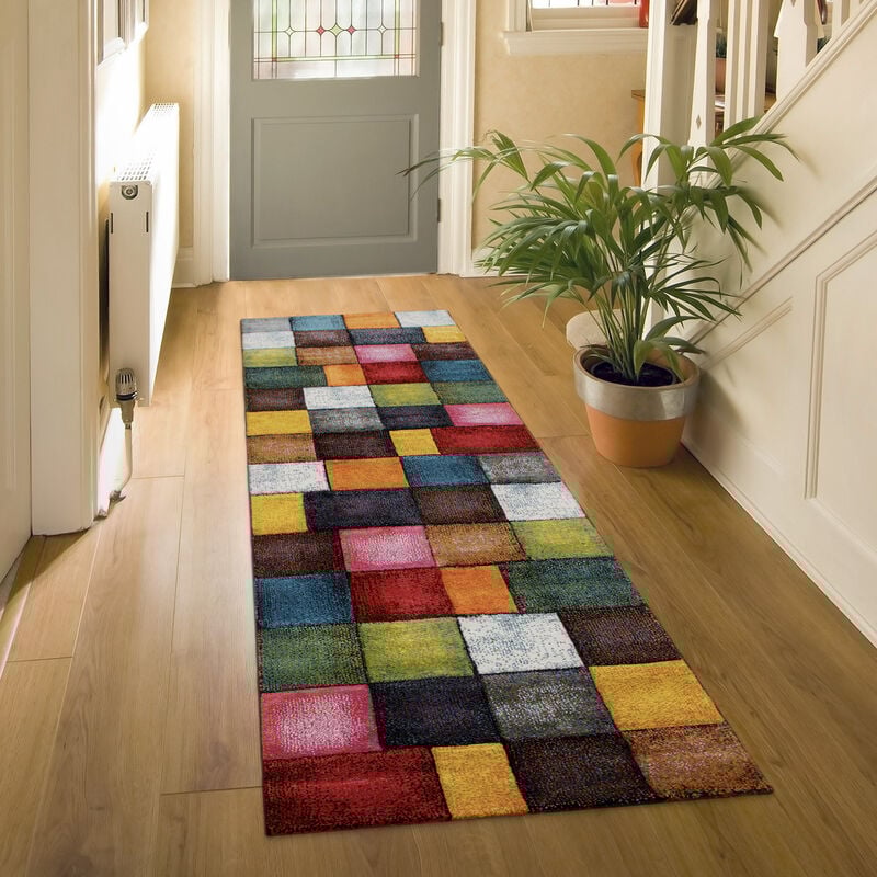foto del prodotto tappeto a pelo corto per il soggiorno con design a quadri colorato multicolore e vivace 80x300 cm paco home