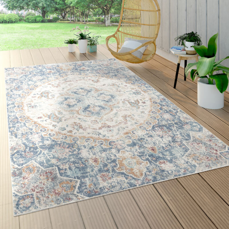 foto del prodotto tappeto a pelo corto per interni ed esterni per il balcone e la terrazza, con motivo orientale in blu 60x100 cm paco home
