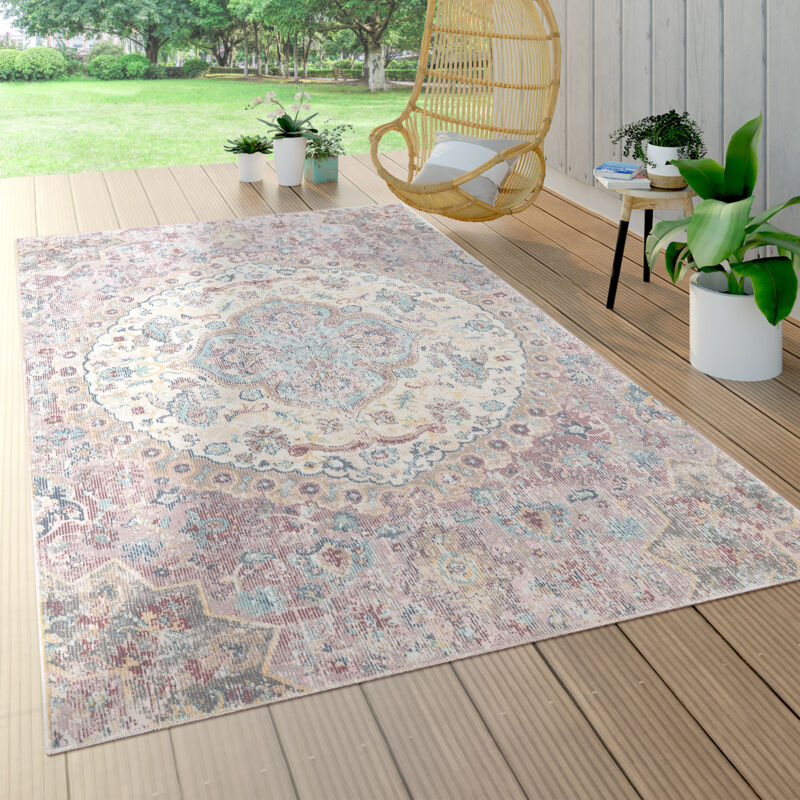 foto del prodotto tappeto a pelo corto per interni ed esterni per il balcone e la terrazza, con motivo orientale in rosa 80x150 cm paco home