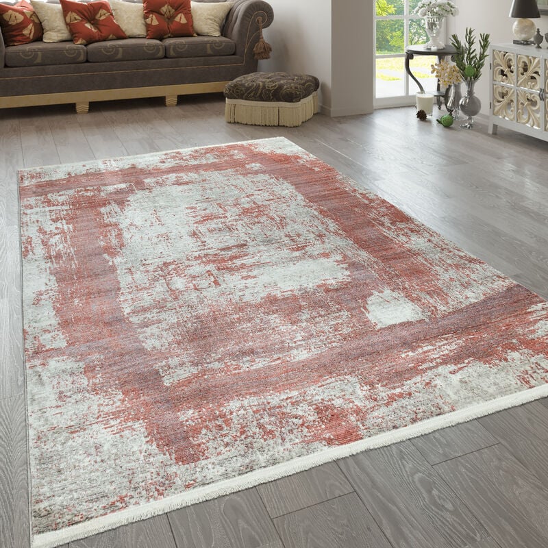 foto del prodotto tappeto a pelo corto rosso e beige per il soggiorno con design a quadri astratto e used look con rettangoli 120x170 cm paco home