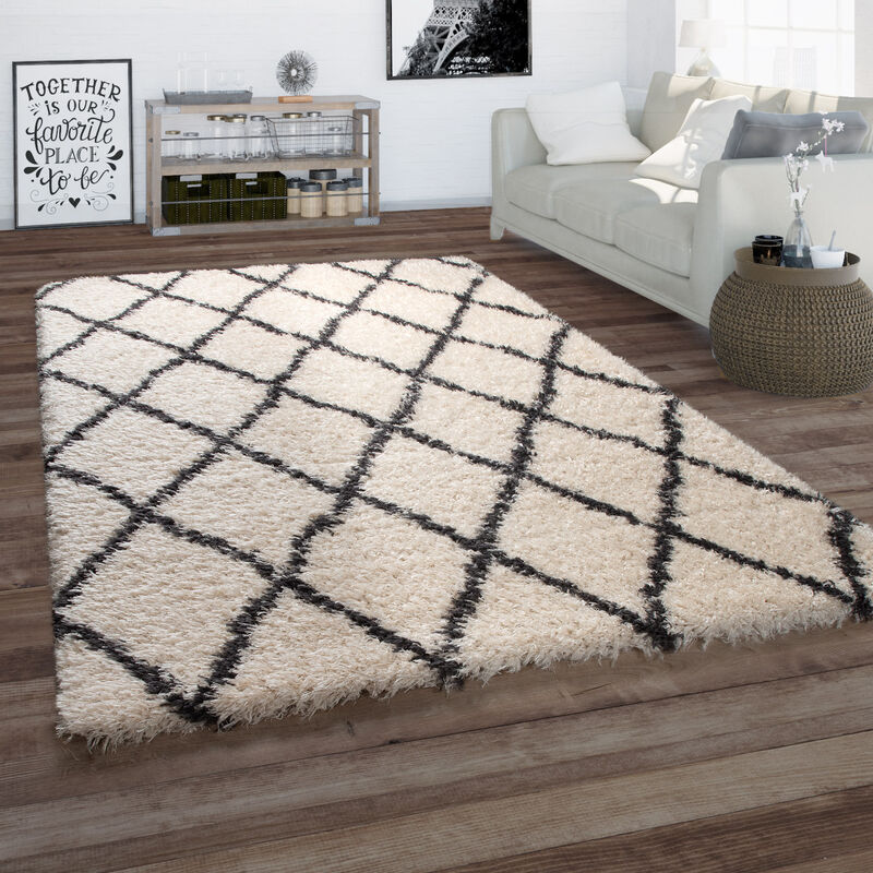 foto del prodotto tappeto a pelo lungo per soggiorno, dal look scandinavo, con rombi, in beige 60x90 cm paco home