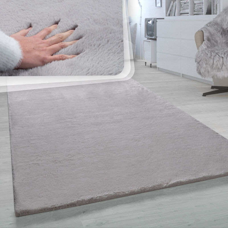 foto del prodotto tappeto a pelo lungo per soggiorno in ecopelliccia ultrasoffice, imitazione pelliccia di coniglio in grigio 80x150 cm paco home
