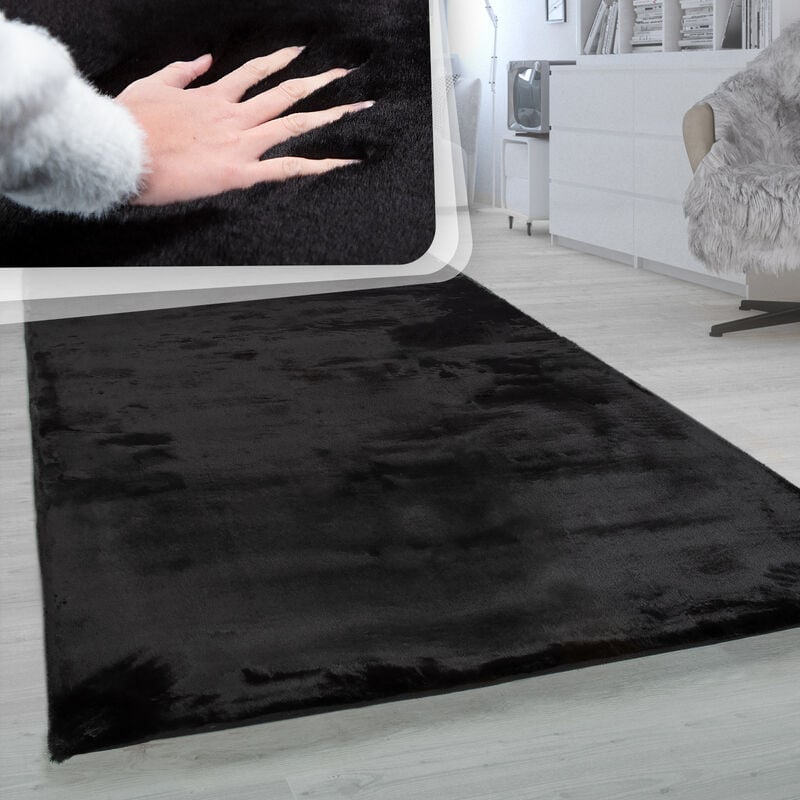 foto del prodotto tappeto a pelo lungo per soggiorno in ecopelliccia ultrasoffice, imitazione pelliccia di coniglio in nero 200 cm quadrato paco home