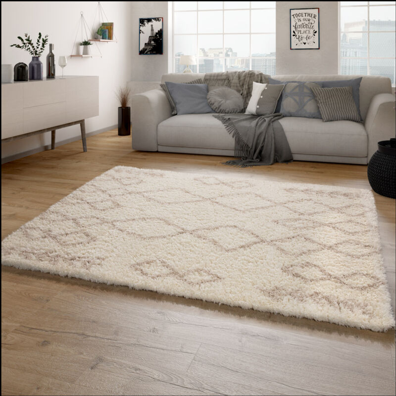 foto del prodotto tappeto a pelo lungo salotto shaggy pelo lungo motivo diamante scandinavo 120x160 cm, crema paco home