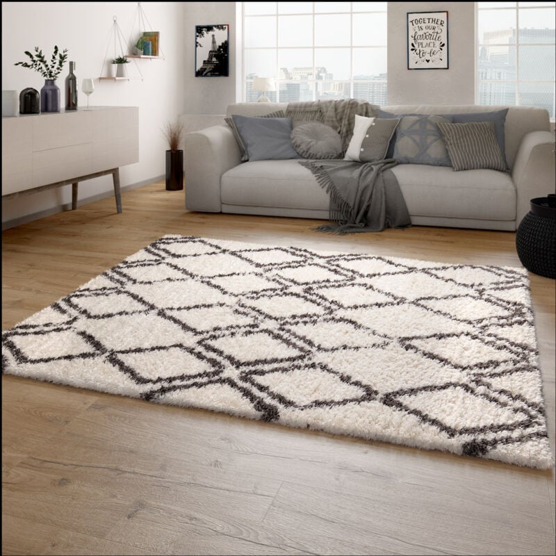 foto del prodotto tappeto a pelo lungo salotto shaggy pelo lungo motivo diamante scandinavo 200 cm quadrato, crema 4 paco home