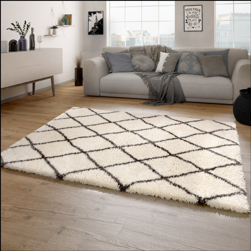 foto del prodotto tappeto a pelo lungo salotto shaggy pelo lungo motivo diamante scandinavo 80x150 cm, crema 2 paco home