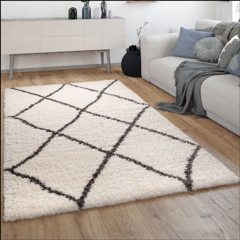 foto del prodotto tappeto a pelo lungo salotto shaggy pelo lungo motivo diamante scandinavo 80x150 cm, crema 6 - paco home