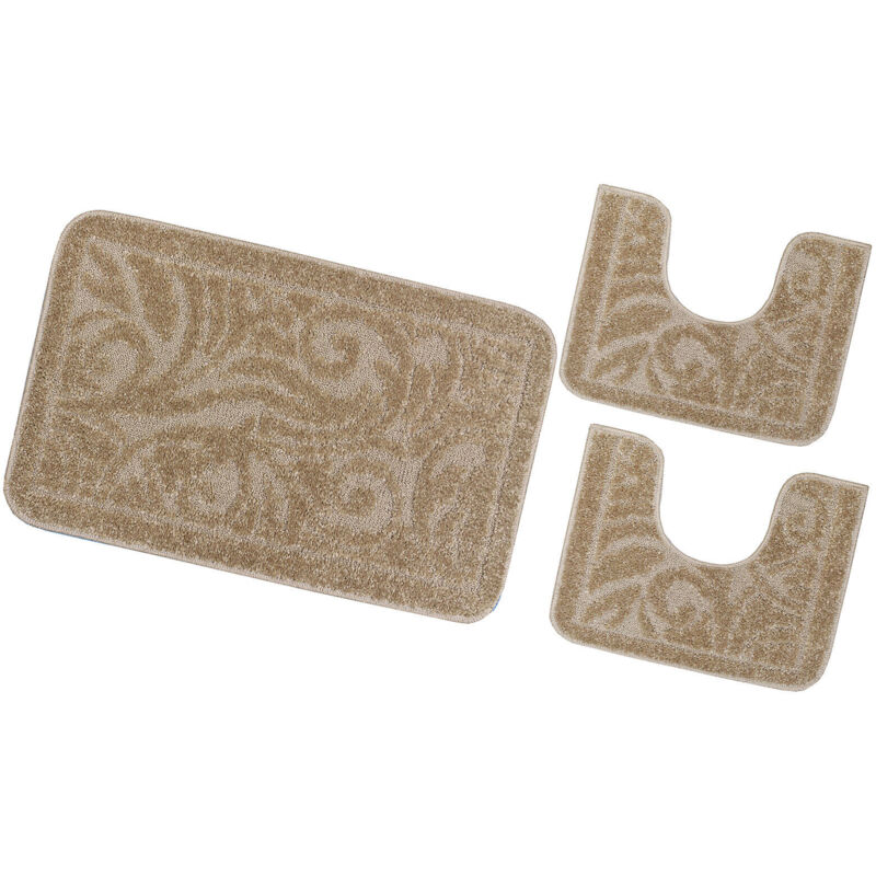 foto del prodotto tappeto bagno damascato parure set 3 pezzi morbido soffice assorbente antiscivolo lavabile beige