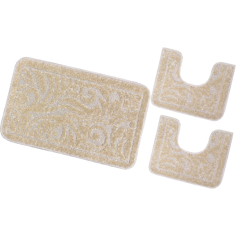 foto del prodotto tappeto bagno damascato parure set 3 pezzi morbido soffice assorbente antiscivolo lavabile panna