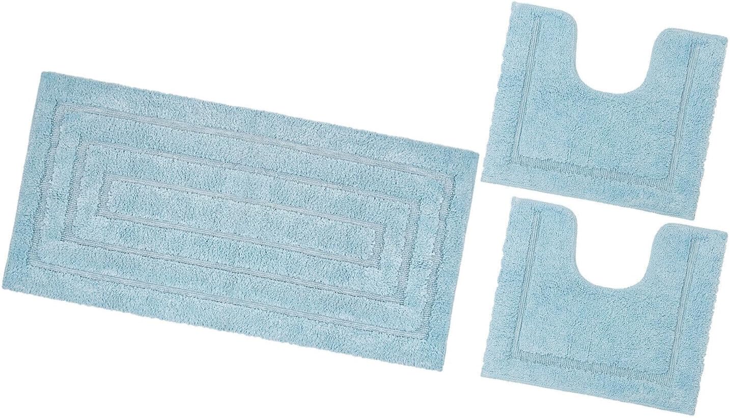 foto del prodotto tappeto bagno parure set 3 pezzi puro cotone elegante morbido soffice antiscivolo azzurro