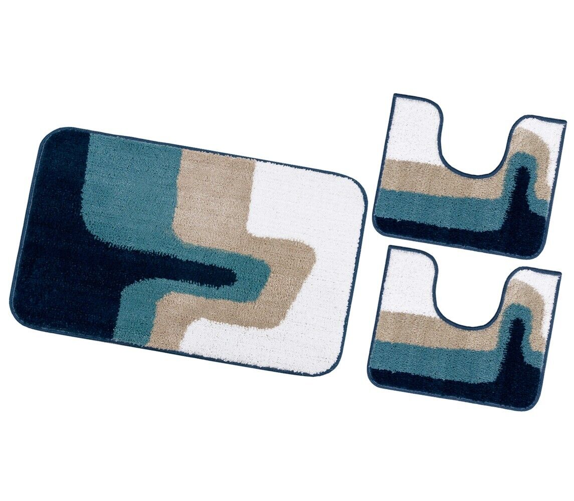 foto del prodotto tappeto bagno scendiletto pelo raso morbido assorbente antiscivolo lavabile set 3 pezzi blu