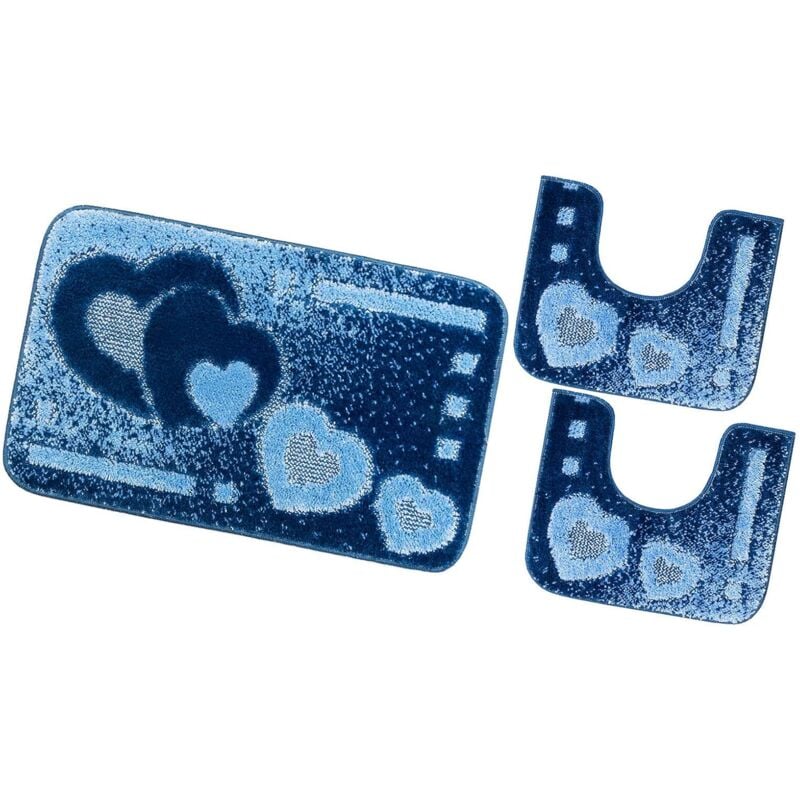 foto del prodotto tappeto bagno set 3 pezzi cuori morbido soffice antiscivolo assorbente doccia 100 made in italy blu