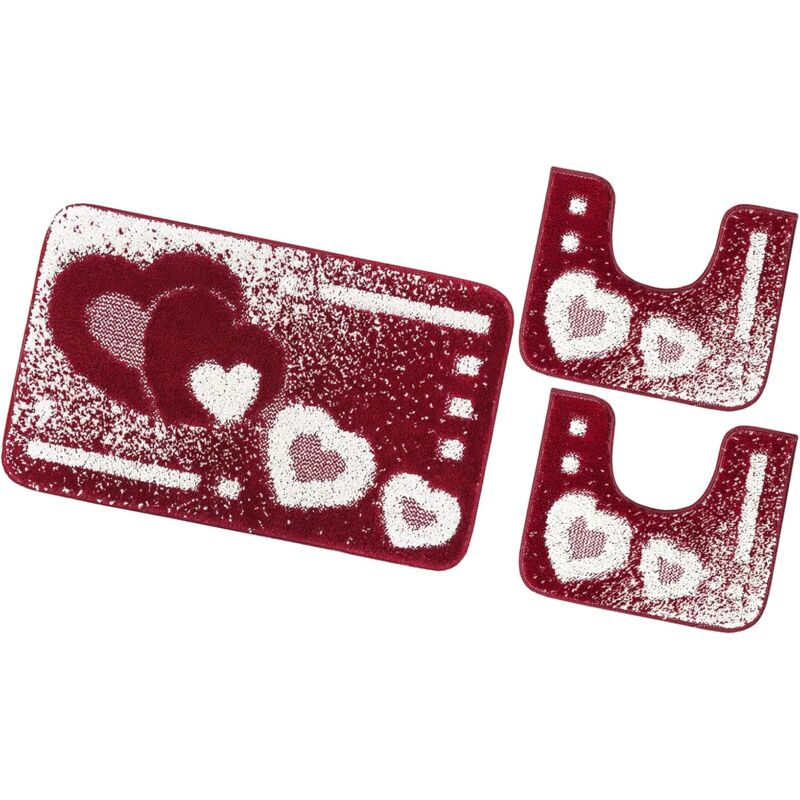 foto del prodotto tappeto bagno set 3 pezzi cuori morbido soffice antiscivolo assorbente doccia 100 made in italy rosso