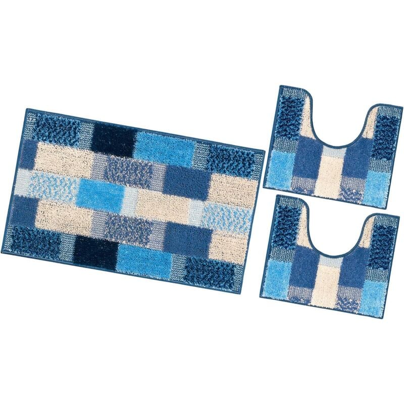foto del prodotto tappeto bagno set 3 pezzi moderno soffice antiscivolo assorbente doccia 100 made in italy blu
