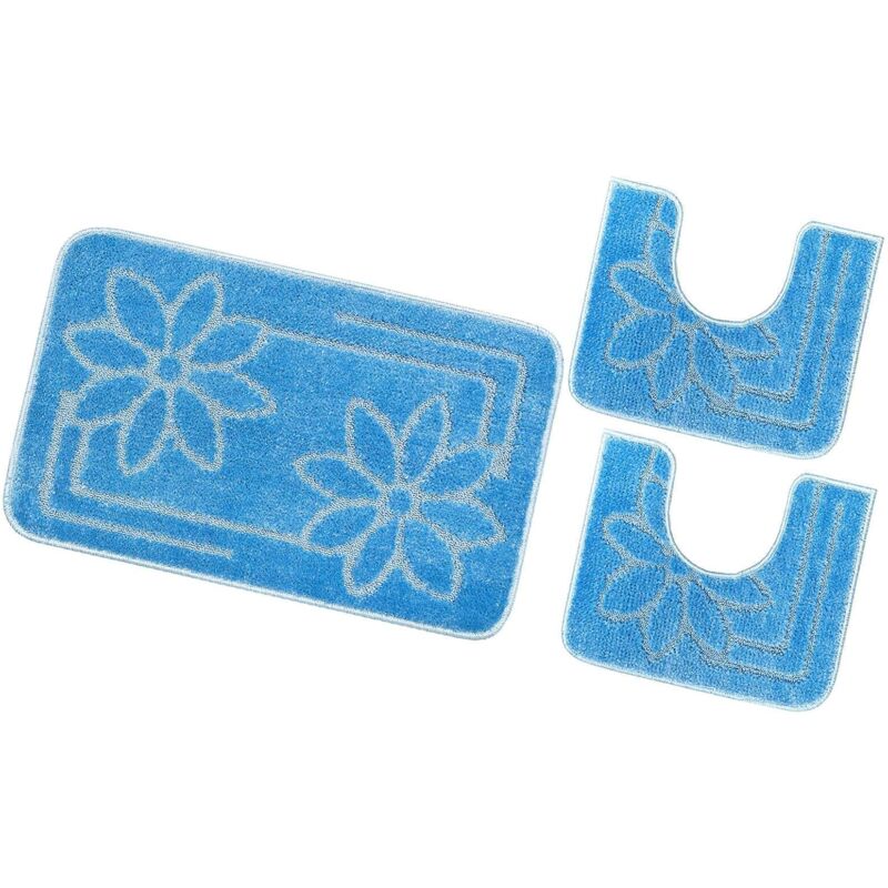foto del prodotto tappeto bagno set 3 pezzi tinta unita antiscivolo assorbente scendietto 100 made in italy azzurro