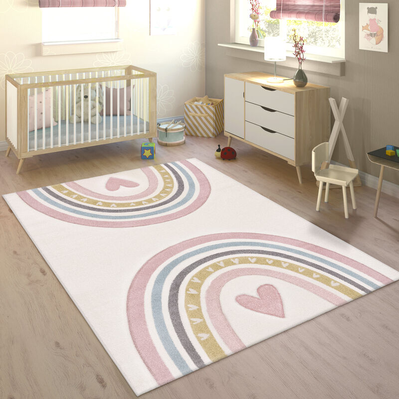 foto del prodotto tappeto bambini cameretta arcobaleno cuore 3d rosa crema 80x150 cm paco home