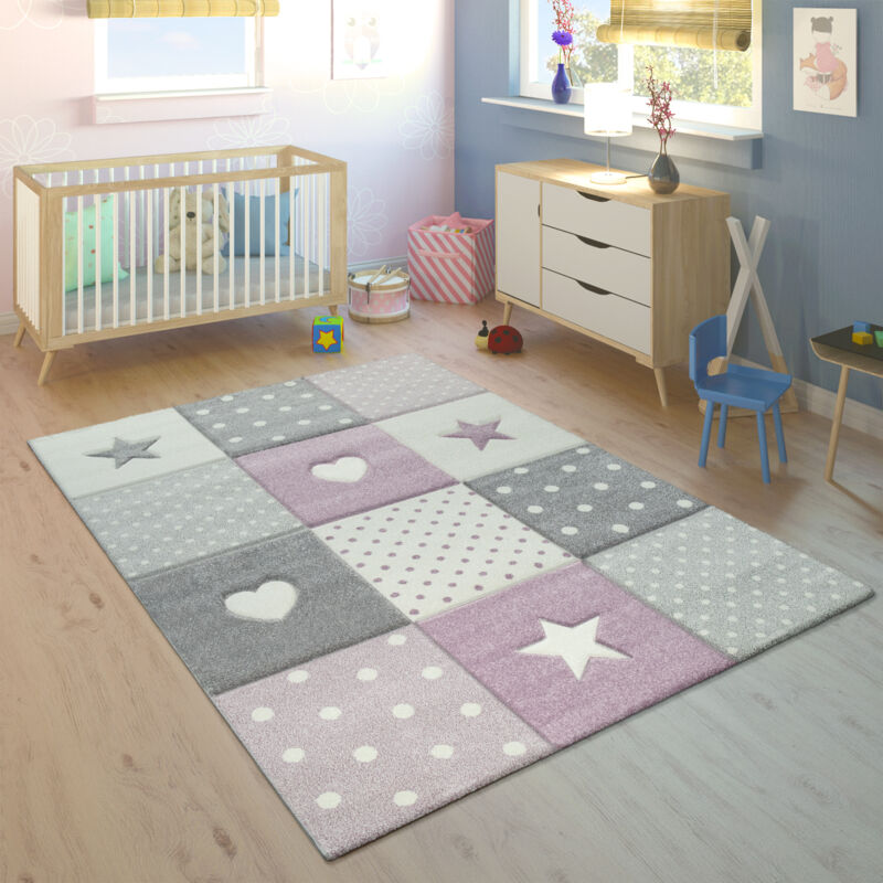 foto del prodotto tappeto bambini cameretta bambina ragezzi cuore polkadot stelle 3d viola grigio 160 cm tondo paco home