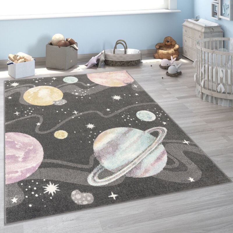 foto del prodotto tappeto bambini cameretta con spazio pianeti stelle tappeto morbido antracite 80x150 cm paco home
