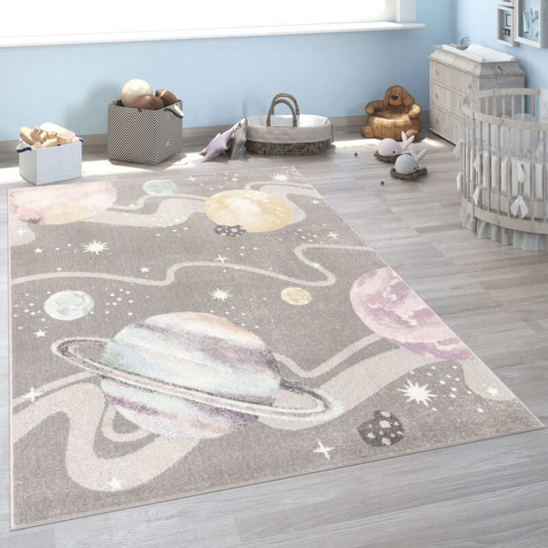 foto del prodotto tappeto bambini cameretta con spazio pianeti stelle tappeto morbido grigio 80x150 cm paco home