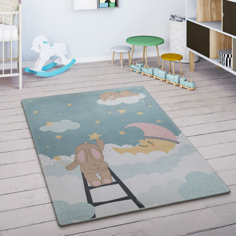 foto del prodotto tappeto bambini cameretta con stelle nuvola luna lepre turchese crema rosa 120x160 cm paco home