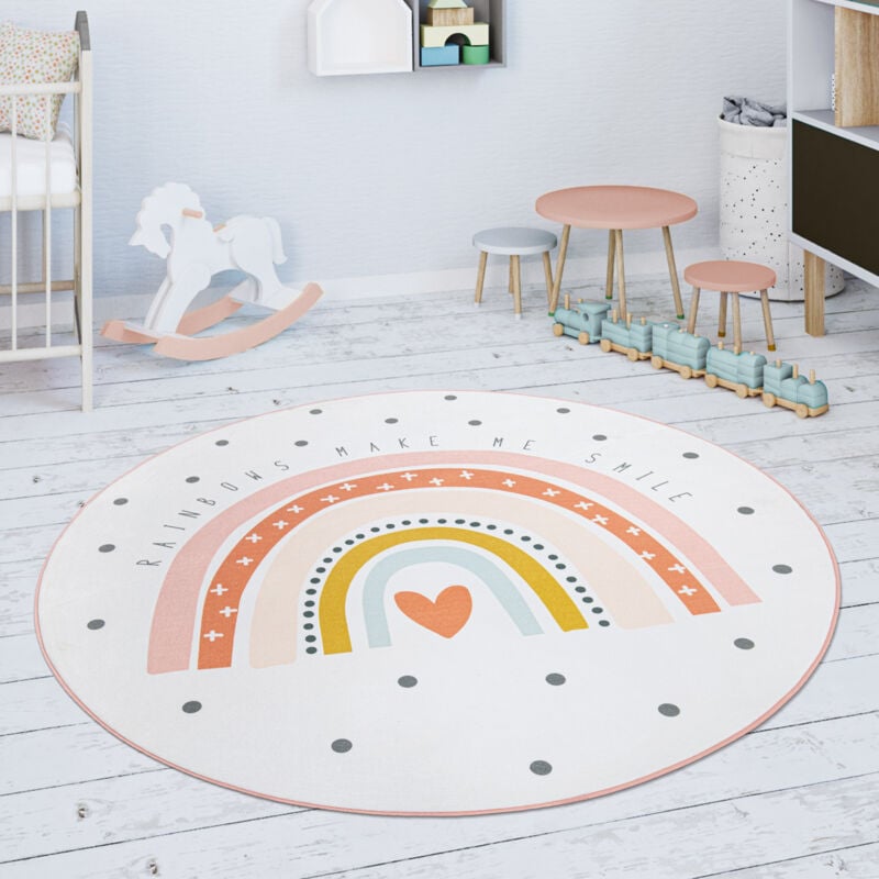foto del prodotto tappeto bambini cameretta da gioco beb arcobaleno cuore crema rosa 120 cm tondo paco home