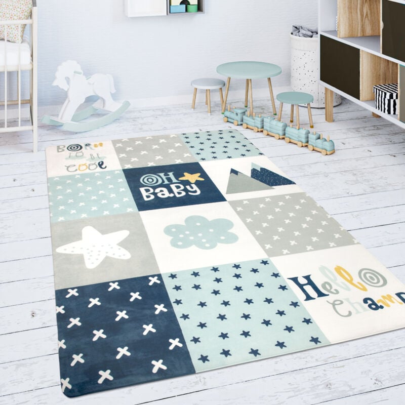 foto del prodotto tappeto bambini cameretta da gioco beb diamanti stelle grigio blu bianco 80x150 cm paco home