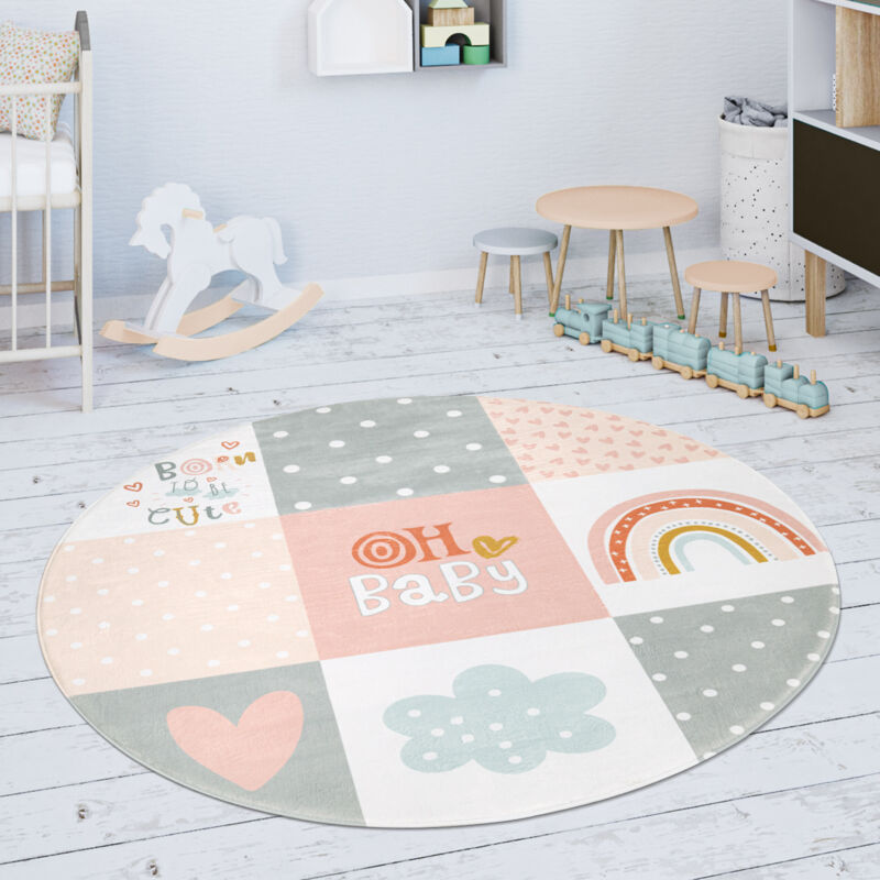 foto del prodotto tappeto bambini cameretta da gioco beb diamanti stelle grigio rosa bianco 120 cm tondo paco home