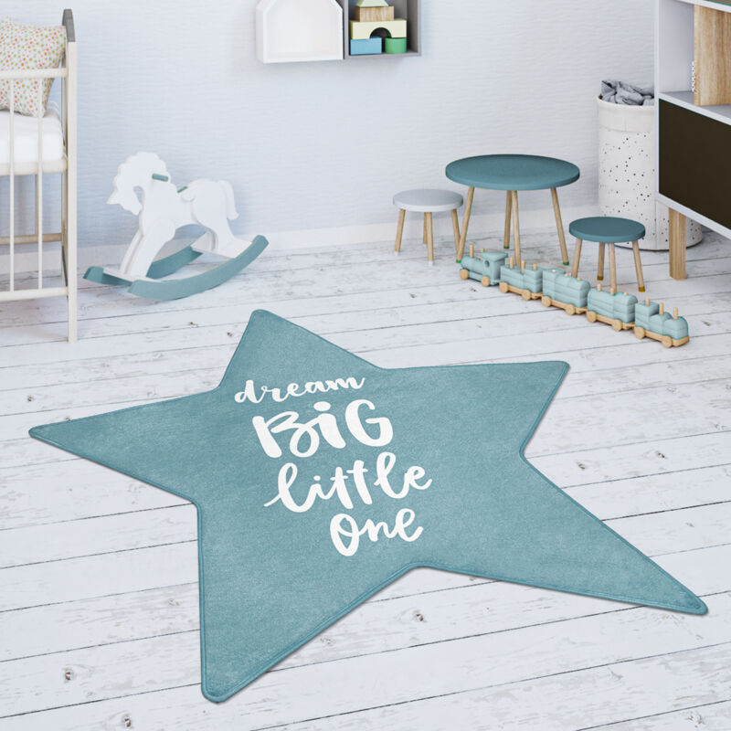foto del prodotto tappeto bambini cameretta da gioco beb stella scritta blu bianco forma a stella da 80 cm paco home