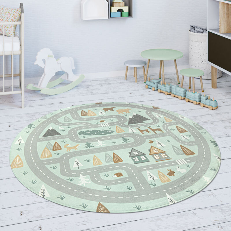 foto del prodotto tappeto bambini cameretta da gioco beb strada orso alce alberi verde grigio 120 cm tondo paco home