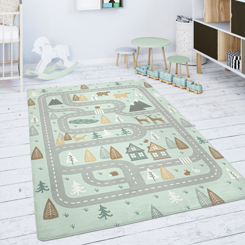 foto del prodotto tappeto bambini cameretta da gioco beb strada orso alce alberi verde grigio 80x150 cm paco home