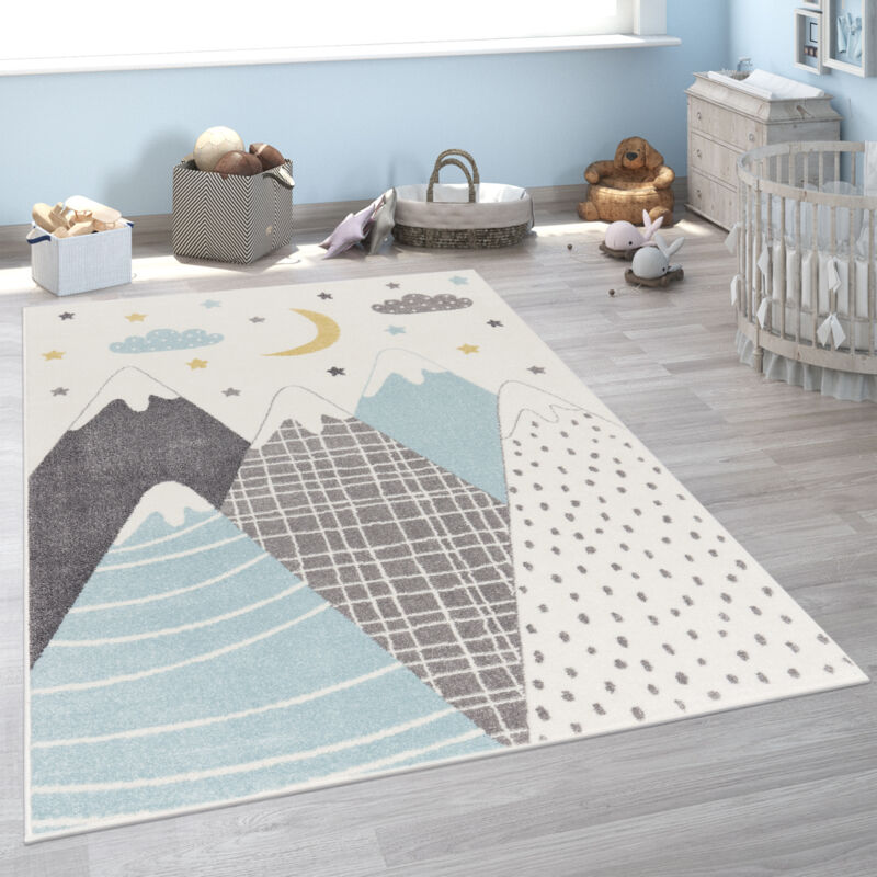 foto del prodotto tappeto bambini cameretta moderno motivo di montagne con stelle nuvola blu 200 cm tondo paco home