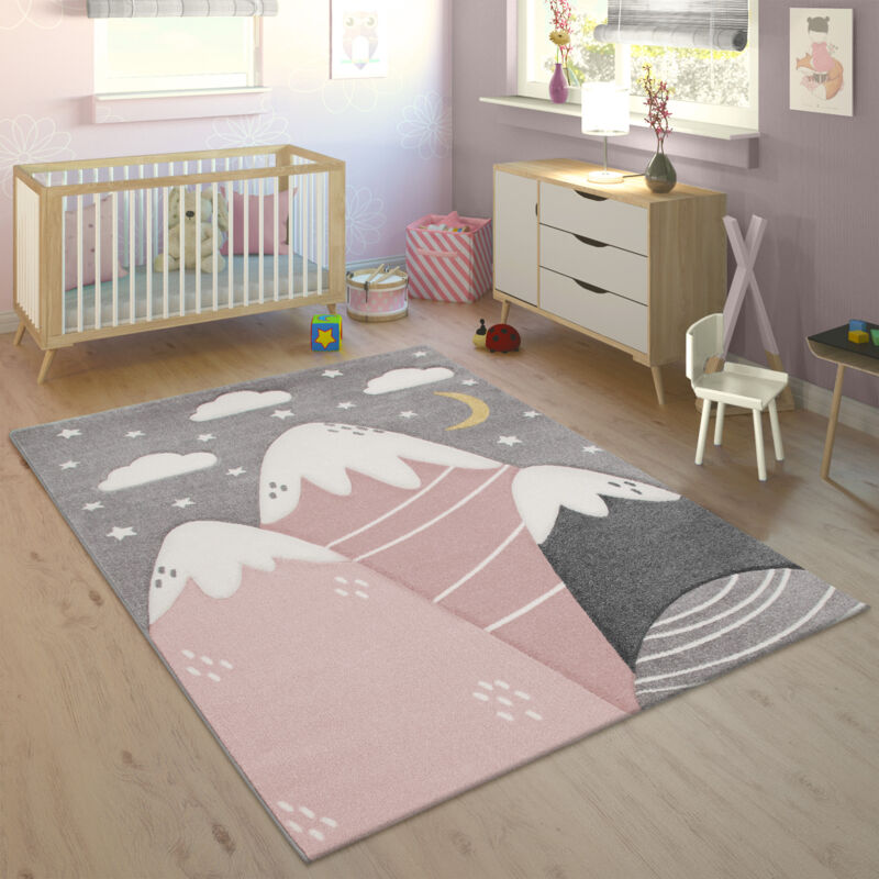 foto del prodotto tappeto bambini cameretta montagne stelle nuvola 3d grigio rosa 133 cm quadrato paco home