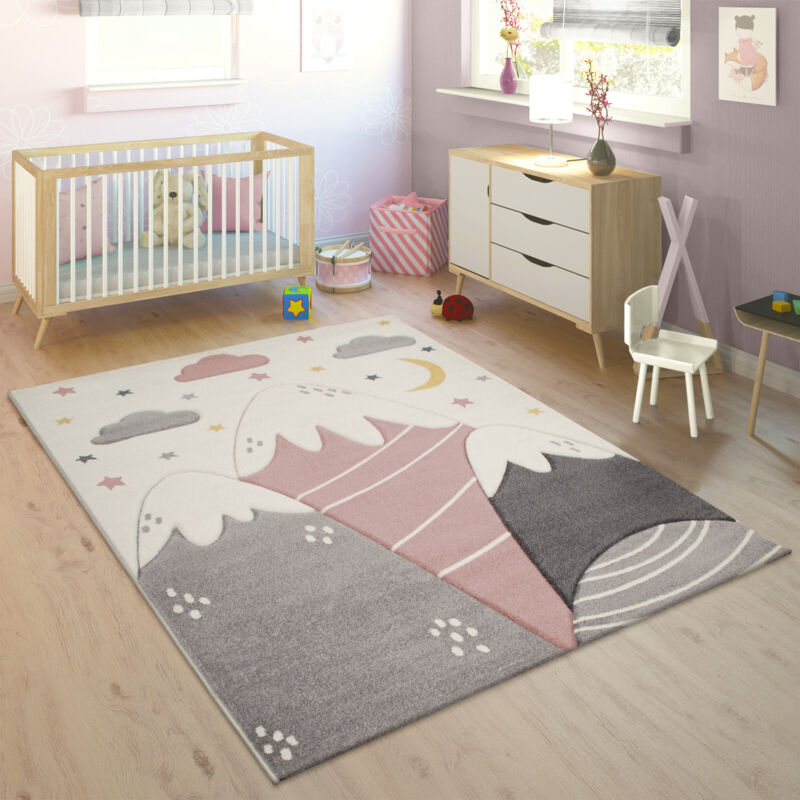 foto del prodotto tappeto bambini cameretta motivo di montagne con stelle nuvola 3d rosa grigio 140x200 cm paco home