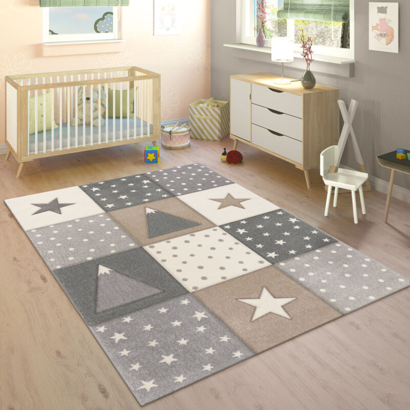 foto del prodotto tappeto bambini cameretta pastello 3d polkadot con stelle beige grigio crema 80x150 cm paco home