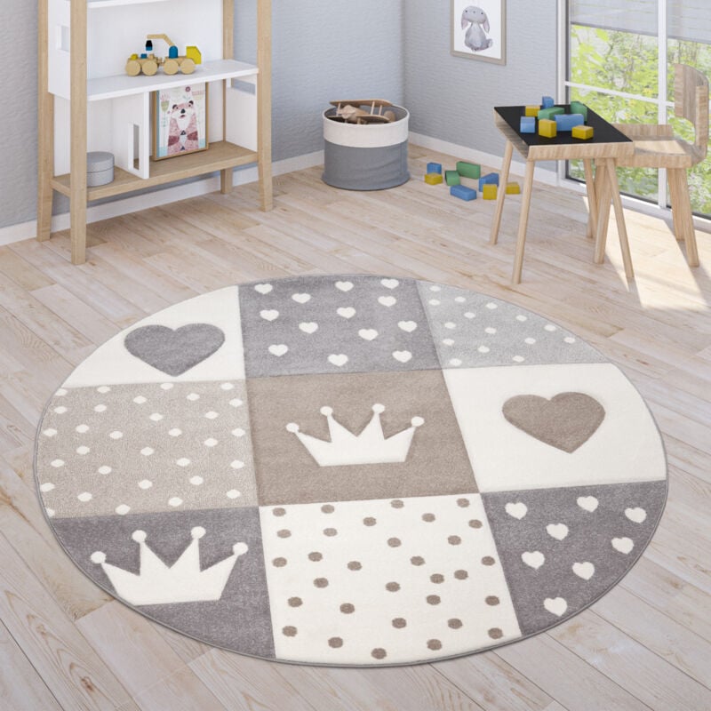 foto del prodotto tappeto bambini cameretta pastello 3d polkadot cuore beige marrone 120 cm tondo paco home