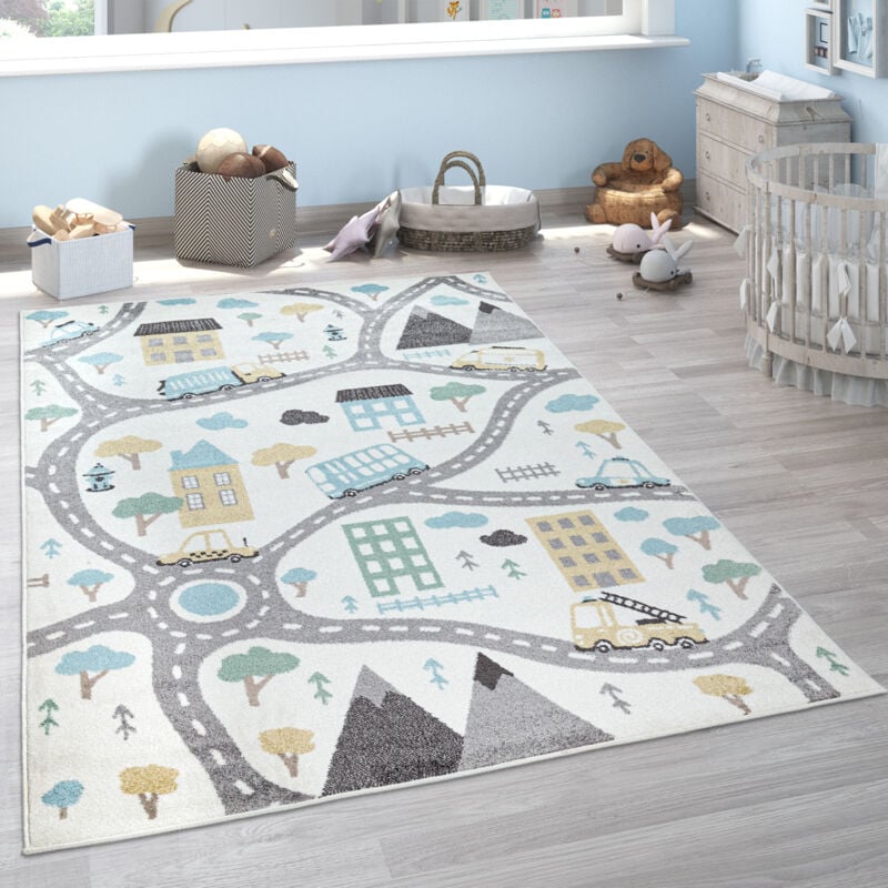 foto del prodotto tappeto bambini cameretta pastello bambini bambine auto crema grigio petrolio 120x160 cm paco home