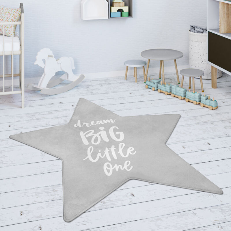 foto del prodotto tappeto bambini cameretta ragazzi ragazze stella scritta grigio bianco forma a stella da 80 cm paco home