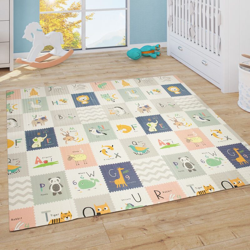 foto del prodotto tappeto bambini gioco gattonare beb pieghevole lavabile reversibile animale crema blu grigio 150x200 cm paco home