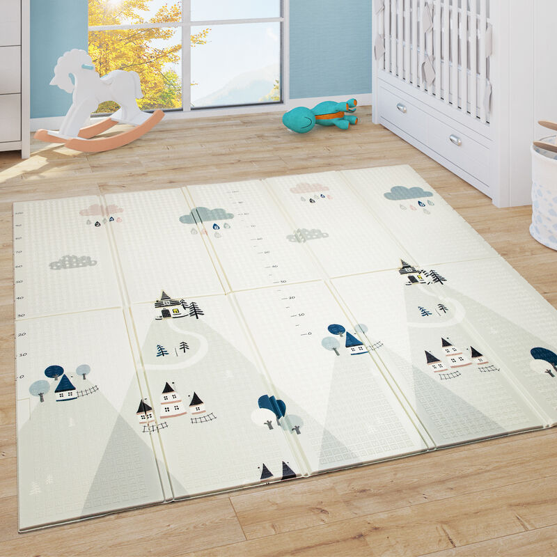 foto del prodotto tappeto bambini gioco gattonare beb pieghevole lavabile reversibile animali abc crema blu giallo grigio 180x200 cm paco home