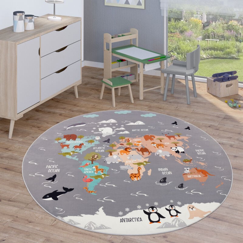 foto del prodotto tappeto bambini rotondo cameretta tappeto da gioco tappeto stradale moderno 160 cm tondo, grigio 4 paco home