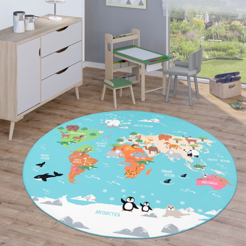 foto del prodotto tappeto bambini rotondo cameretta tappeto da gioco tappeto stradale moderno turchese, 160 cm tondo paco home