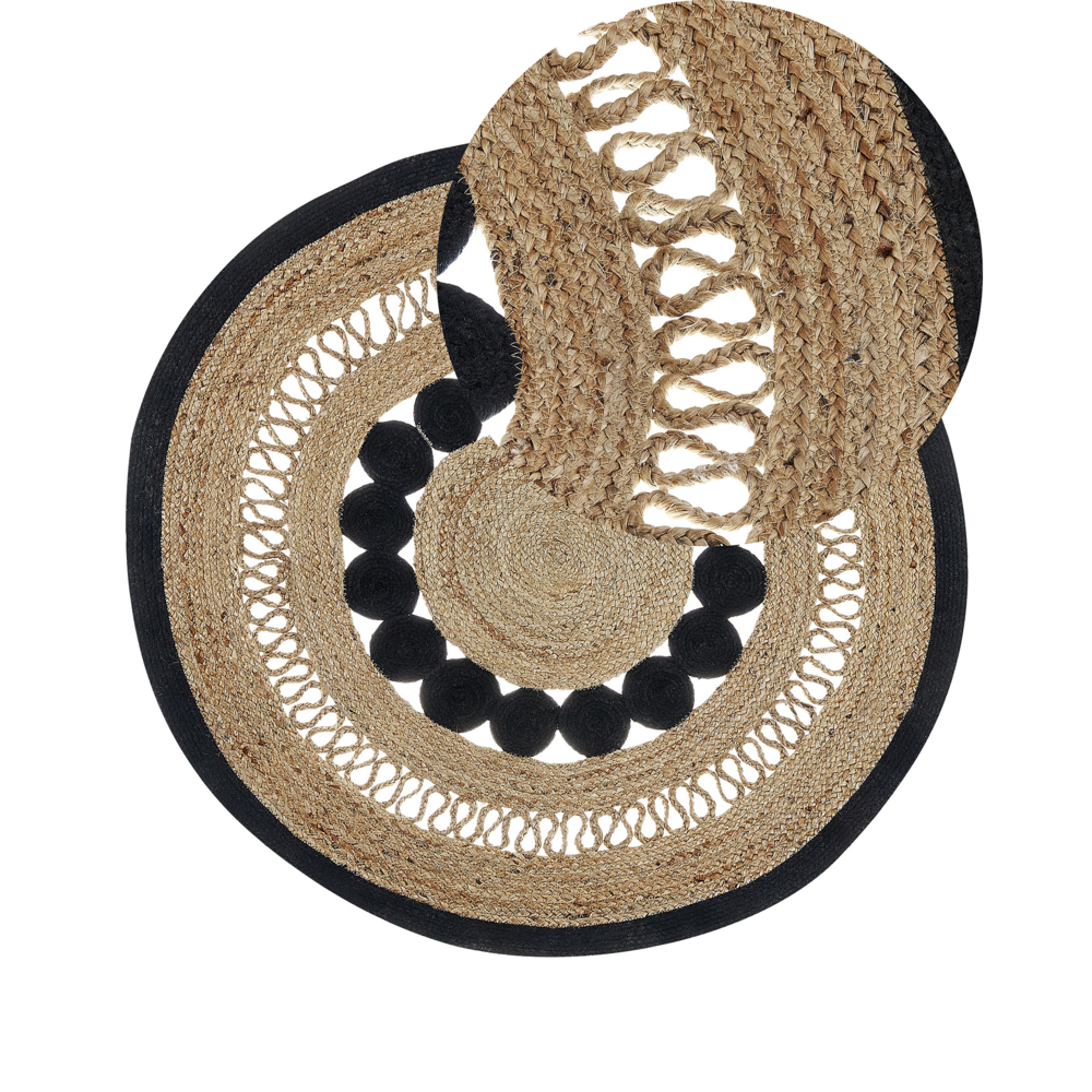 foto del prodotto tappeto beige e nero rotondo 120 cm boho rustico iuta naturale decorativo soggiorno camera da letto sala da pranzo