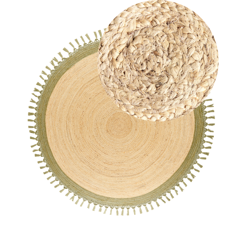 foto del prodotto tappeto beige e verde rotondo 200 cm boho rustico spirale intrecciato fatto a mano juta naturale camera da letto soggiorno