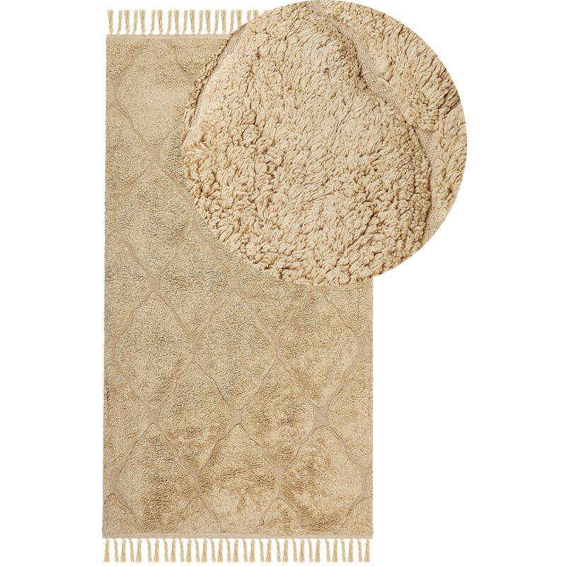 foto del prodotto tappeto beige in cotone trapuntato motivo geometrico con nappe 80 x 150 cm sanliurfa