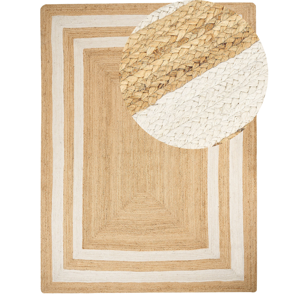 foto del prodotto tappeto beige juta 300 x 400 cm intrecciato a mano con motivo a cornice naturale stile boho tessile